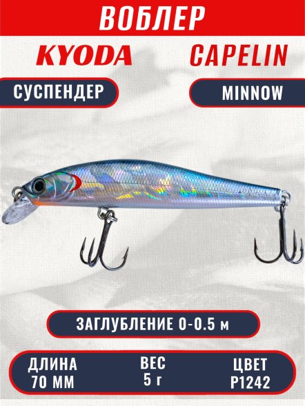 Воблер KYODA Capelin Minnow-70SP длина 7,0 см вес 5.0 гр цвет P1242 заглубление 0-0.5 м