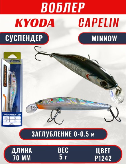Воблер KYODA Capelin Minnow-70SP длина 7,0 см вес 5.0 гр цвет P1242 заглубление 0-0.5 м